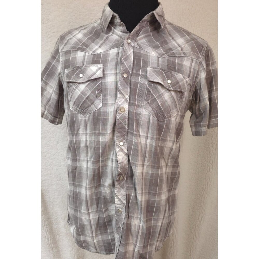 HELIX Mens Large Grey Plaid Short Sleeve Pearl Snap Western Cowboy Shirt
